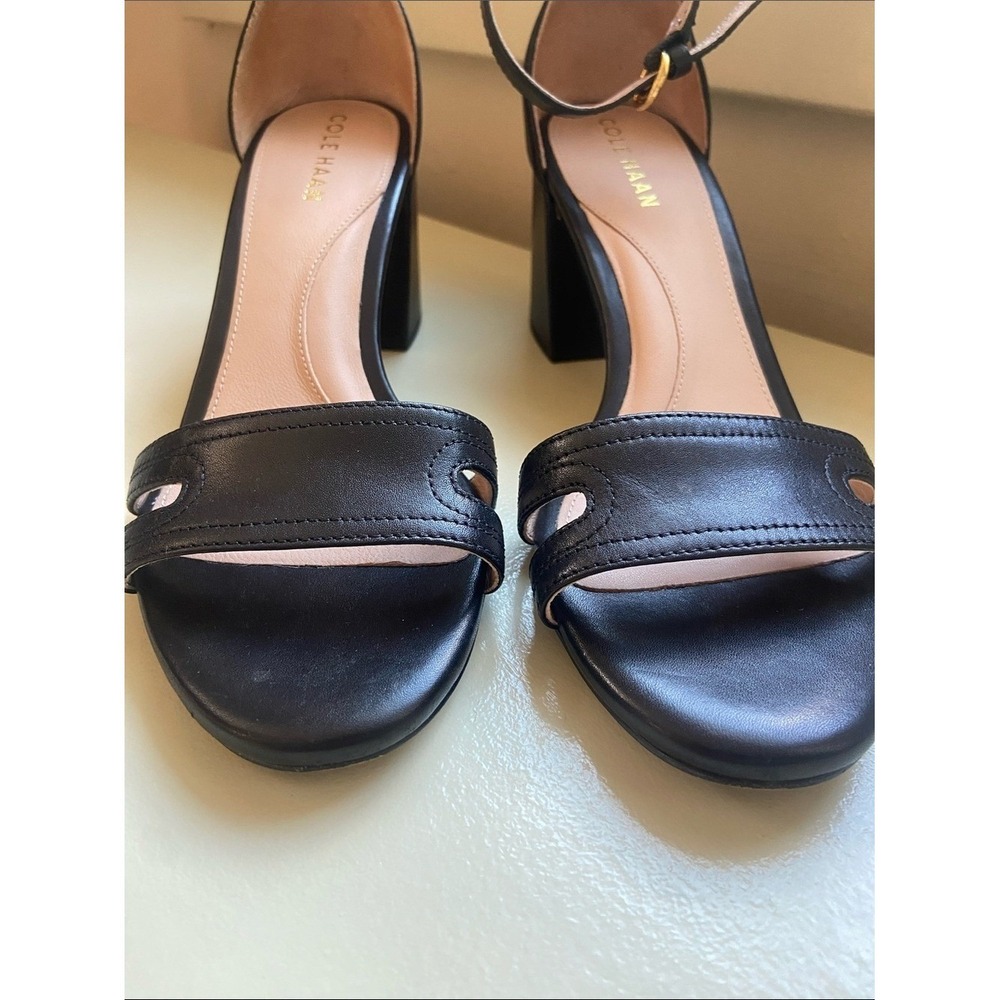 Cole Haan Black Leather Block Heel Sandals with Ankle Strap - Picture 3 of 5